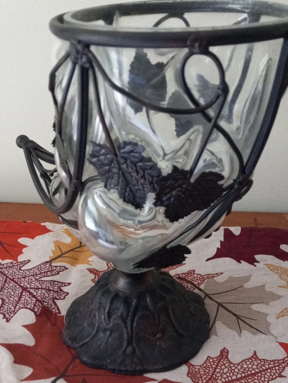 Caged Glass & Wrought Iron Cornucopia Horn of Plenty Fall Centerpiece Vase